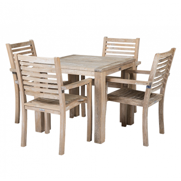 Gebruikte set 4 teakhouten stoelen + tafel 90x90 cm.