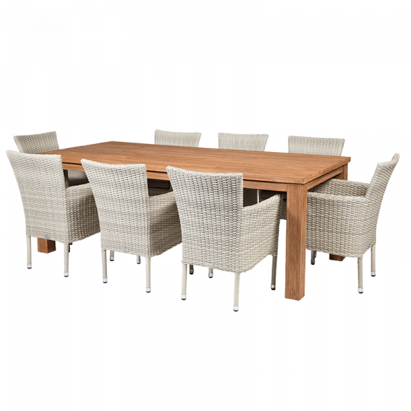 Set 8 kunststof stoelen + tafel 220x100 cm.