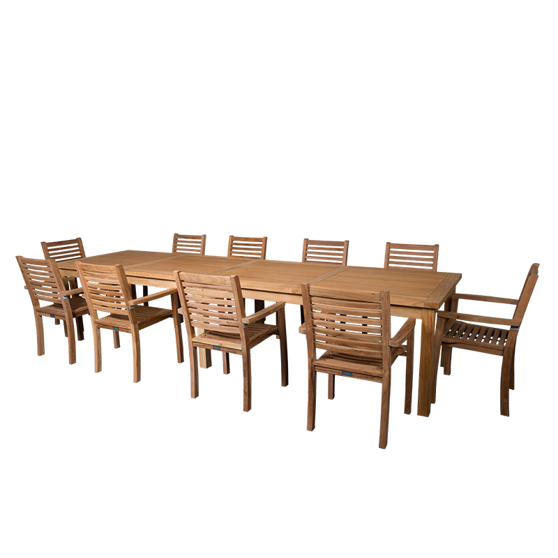Flipper veiling Vanaf daar Showroommodel, 10 stoelen + tafel 350×100 cm. – Horeca Terras Service