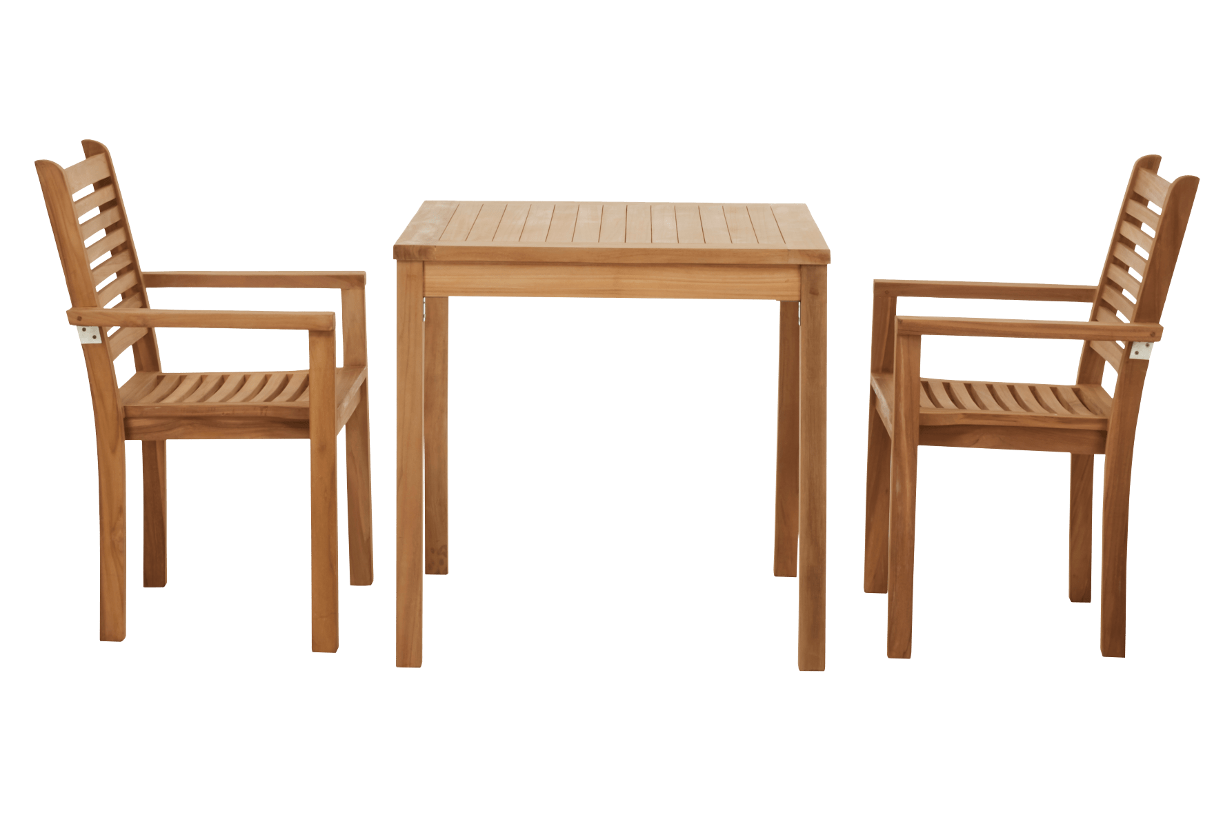Set 2 teakhouten stoelen + tafel 80×80 cm. Horeca
